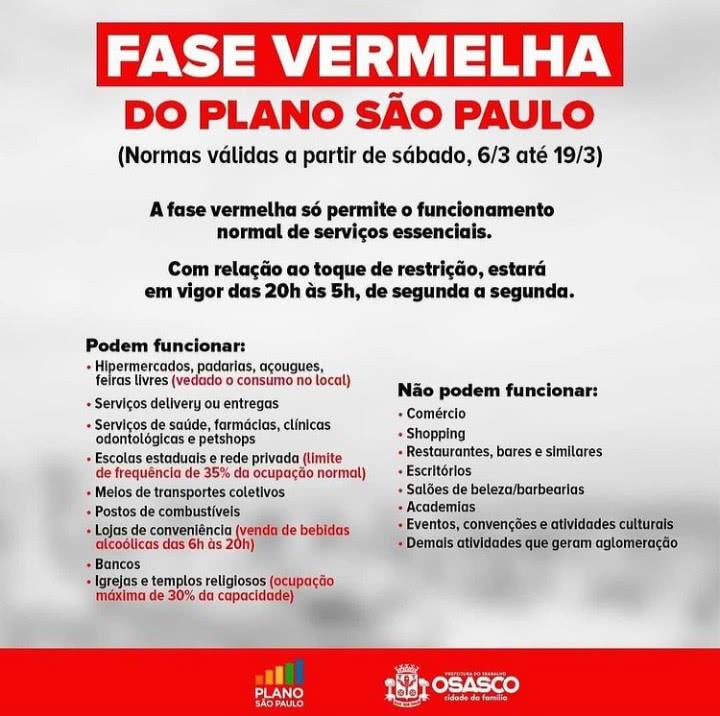 Prefeitura de Osasco divulga as normas da fase vermelha